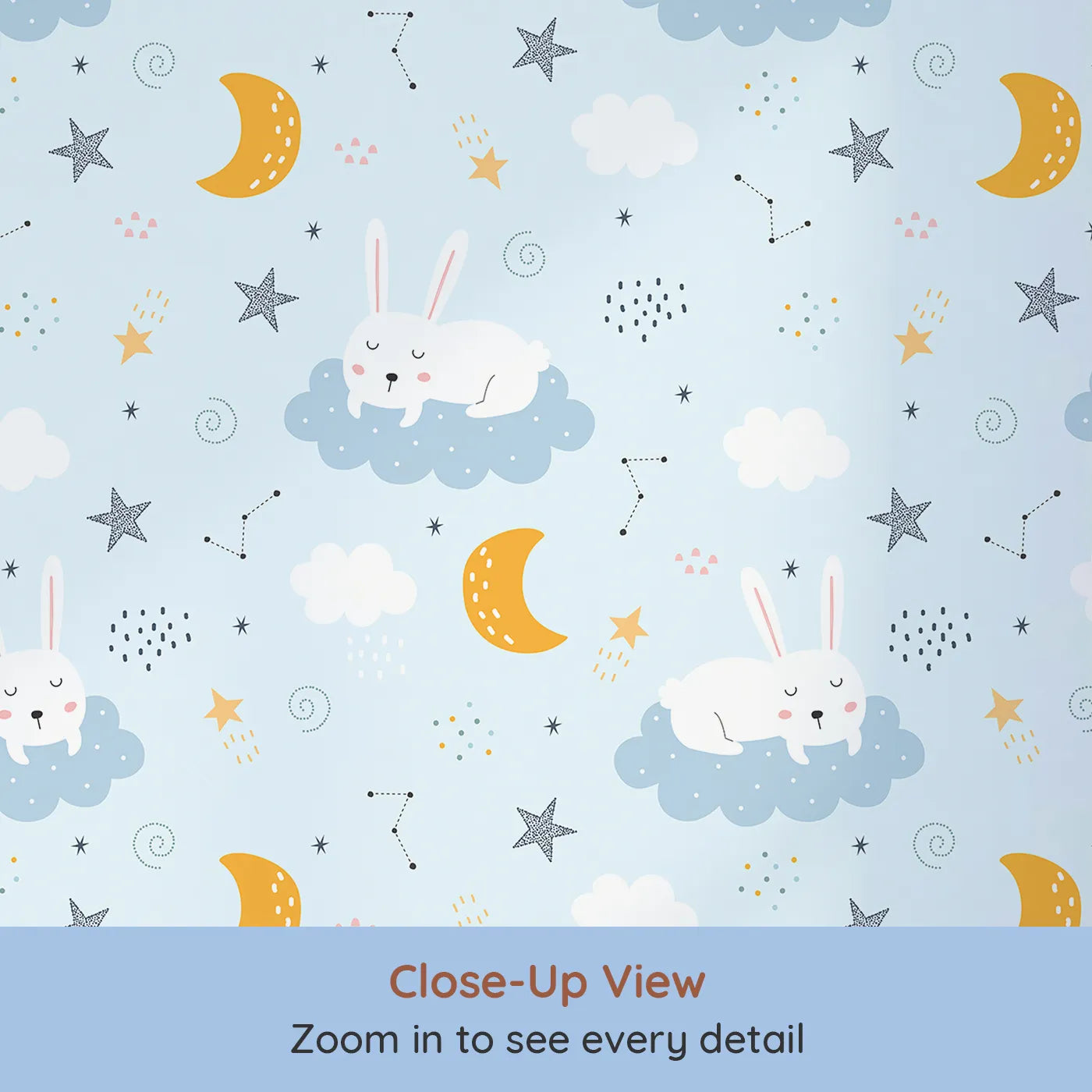 Close-up view of Whimsy Tots' Sleepy Bunny Starry Sky Wallpaper (W2123).Where sleepy bunnies nap on clouds under a starry sky.