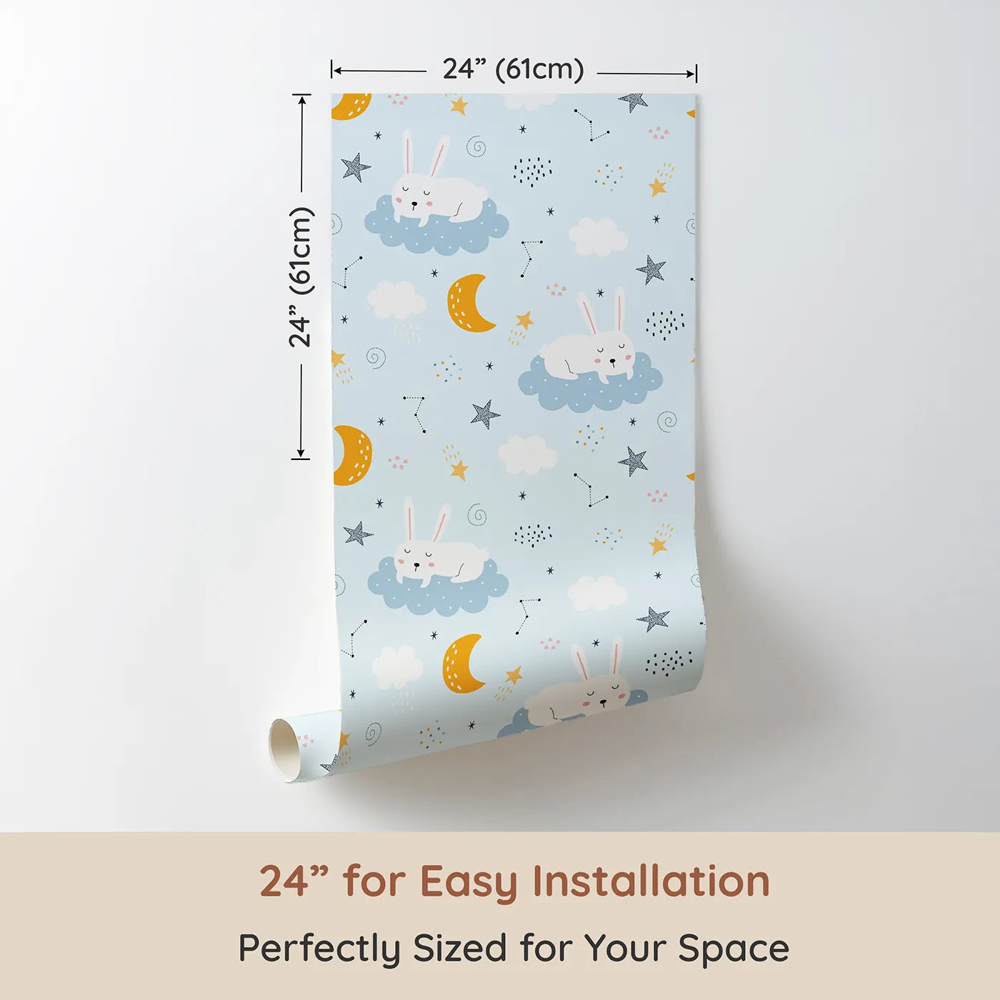 Dimension view of Whimsy Tots Sleepy Bunny Starry Sky Wallpaper (W2123). Printed in 24-inch-wide panel for easy installation. Where sleepy bunnies nap on clouds under a starry sky.
