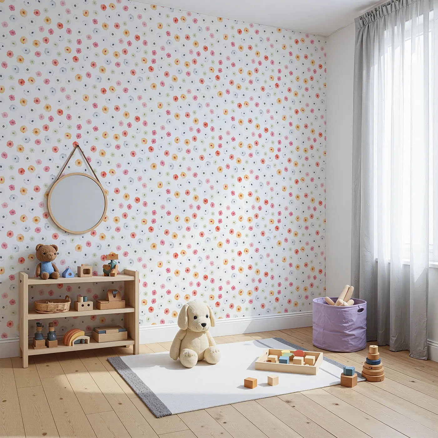 Angled view of Whimsy Tots' Watercolor Poppy Scatter Wallpaper (W2124).Where soft, colorful poppies bloom like gentle confetti.