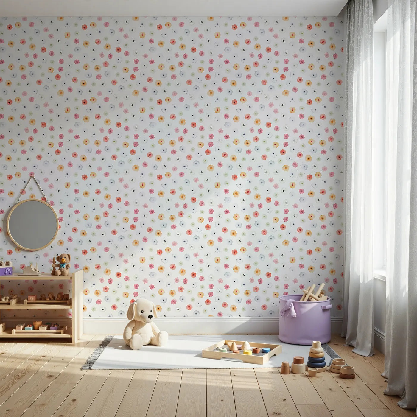 Front view of Whimsy Tots' Watercolor Poppy Scatter Wallpaper