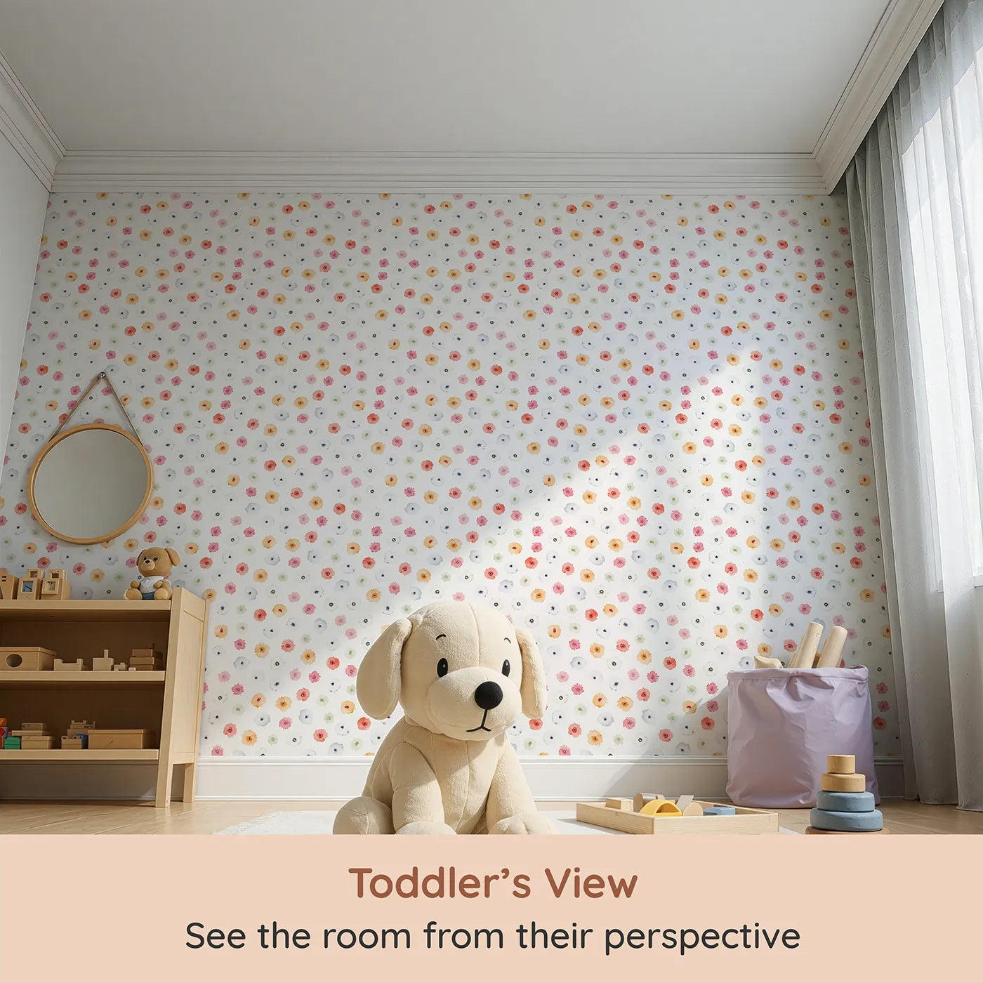 Whimsy Tots Watercolor Poppy Scatter Wallpaper (W2124) from your child's view.Where soft, colorful poppies bloom like gentle confetti.