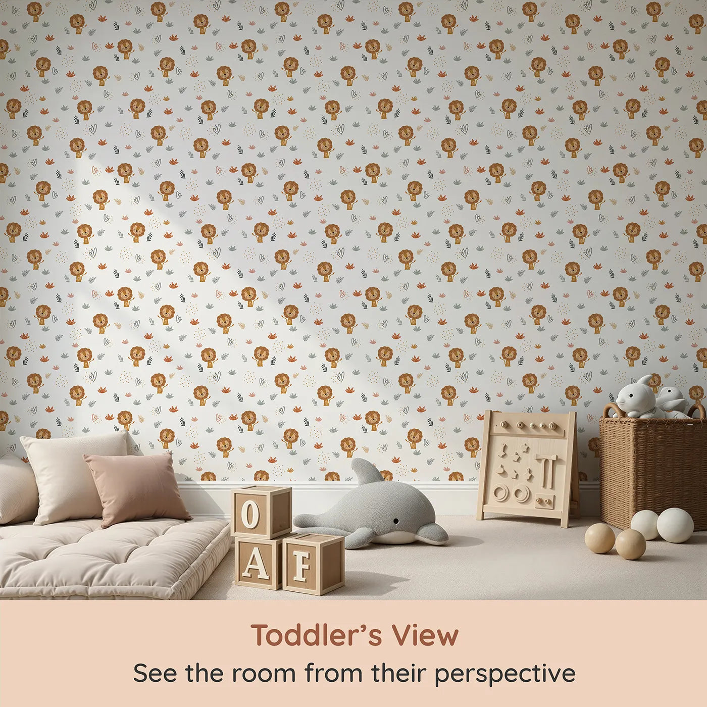 Whimsy Tots Boho Lion and Leaves Wallpaper (W2125) from your child's view.Where the kindest lions rest among soft, bohemian leaves.