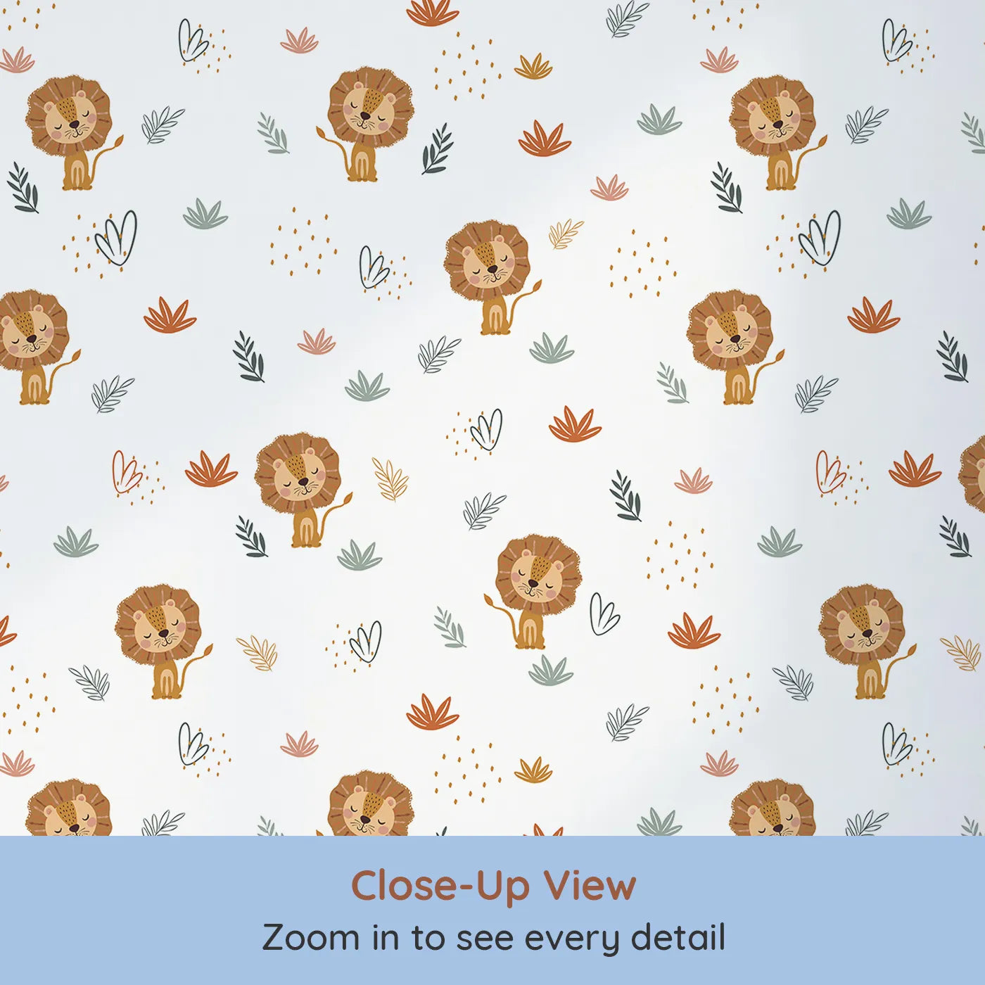 Close-up view of Whimsy Tots' Boho Lion and Leaves Wallpaper (W2125).Where the kindest lions rest among soft, bohemian leaves.