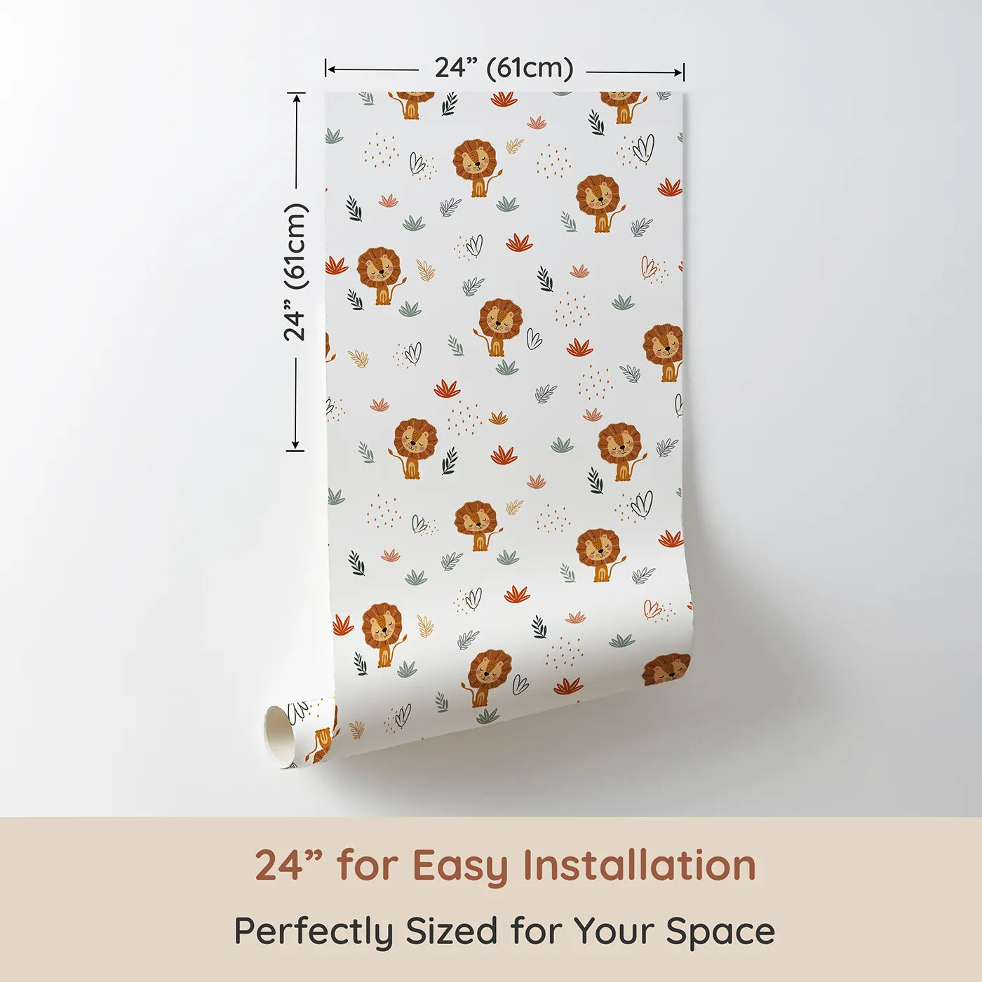 Dimension view of Whimsy Tots Boho Lion and Leaves Wallpaper (W2125). Printed in 24-inch-wide panel for easy installation. Where the kindest lions rest among soft, bohemian leaves.