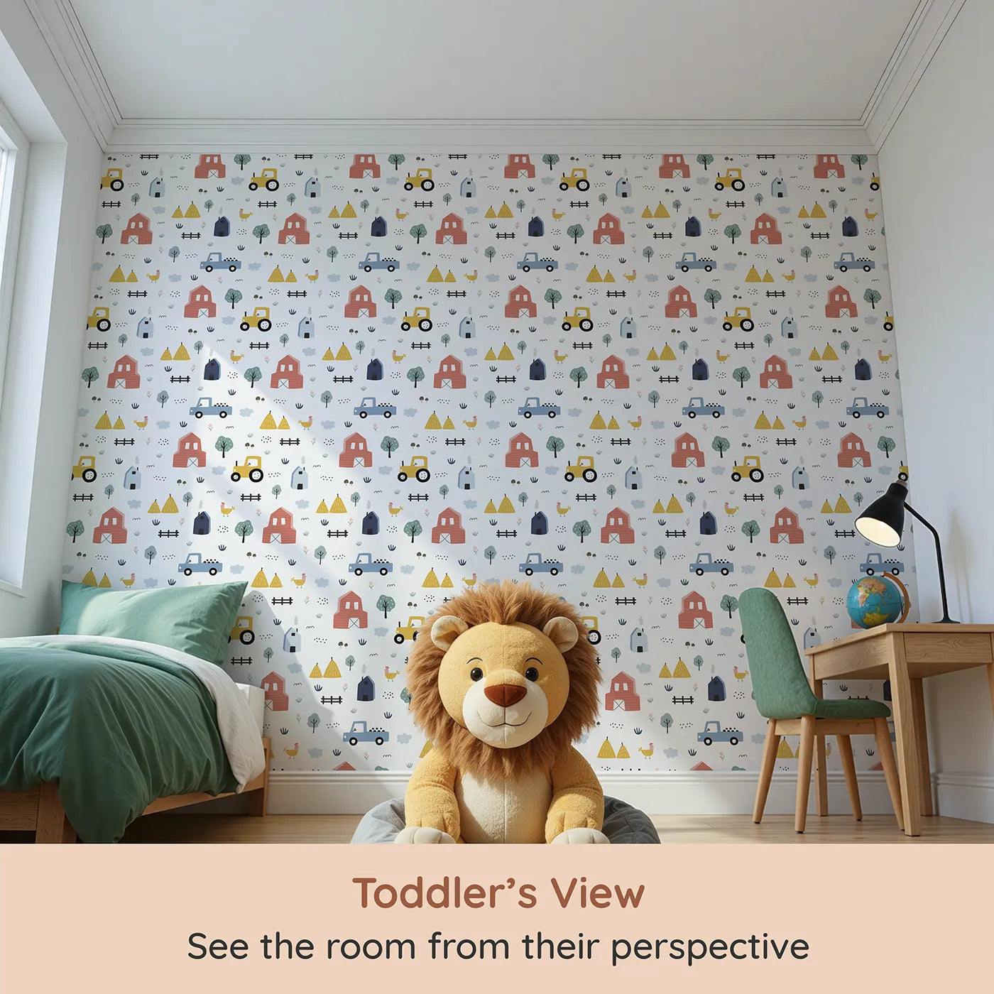 Whimsy Tots Scandinavian Farm Life Wallpaper (W2126) from your child's view.Where simple barns and happy tractors are ready for a day of fun.