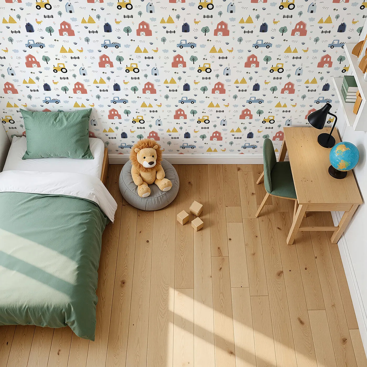 Top-Down view of Whimsy Tots' Scandinavian Farm Life Wallpaper (W2126).Where simple barns and happy tractors are ready for a day of fun.