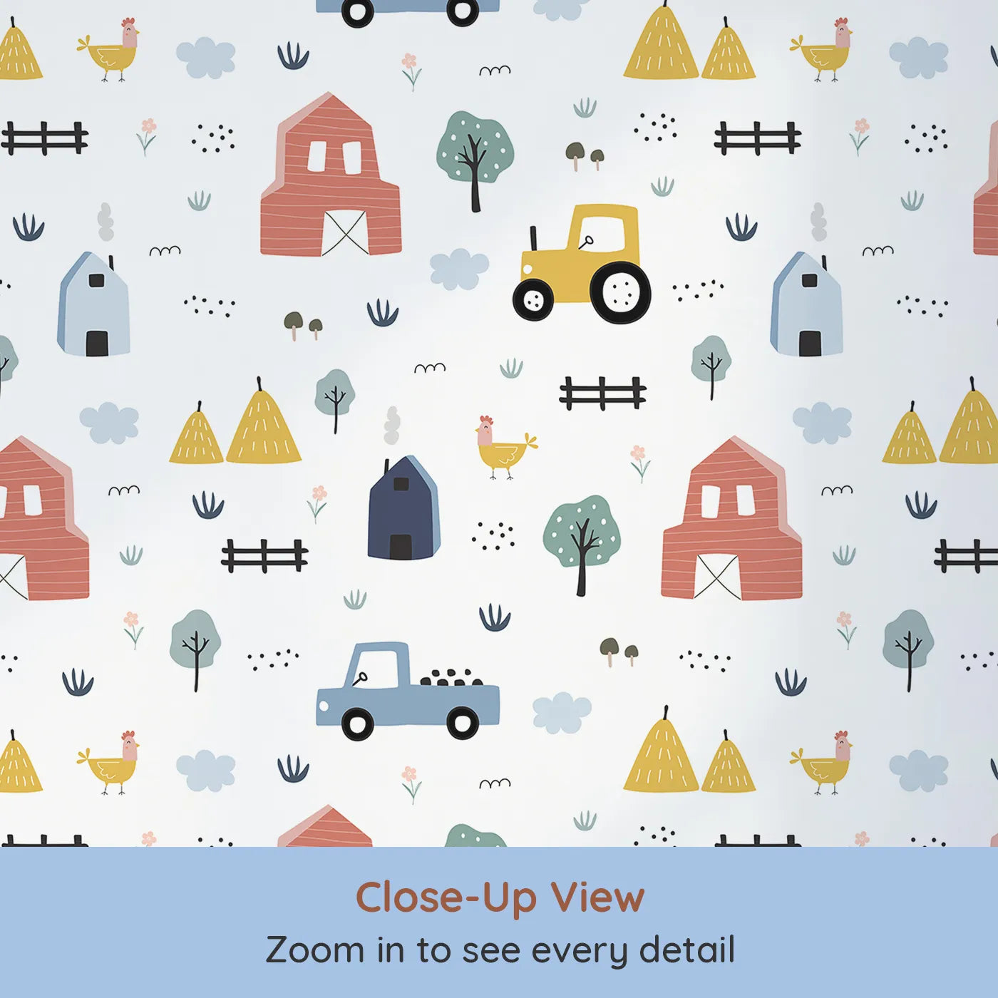 Close-up view of Whimsy Tots' Scandinavian Farm Life Wallpaper (W2126).Where simple barns and happy tractors are ready for a day of fun.