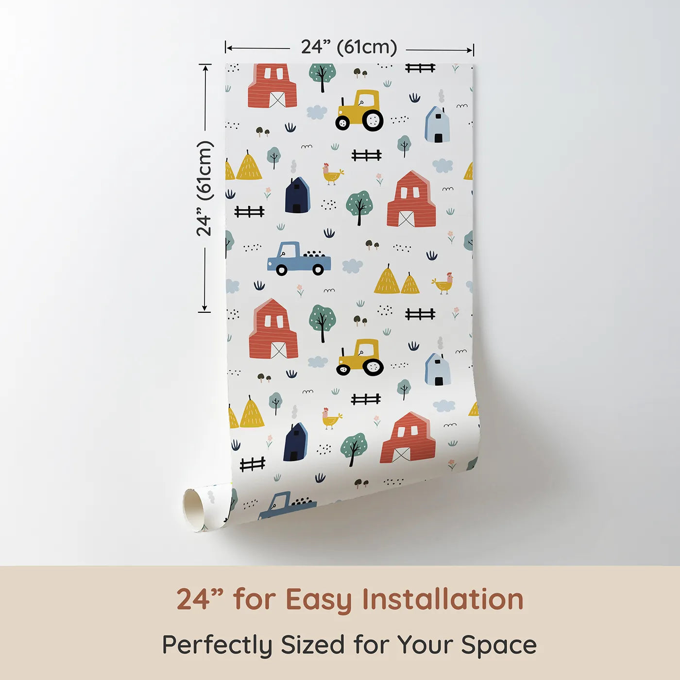Dimension view of Whimsy Tots Scandinavian Farm Life Wallpaper (W2126). Printed in 24-inch-wide panel for easy installation. Where simple barns and happy tractors are ready for a day of fun.
