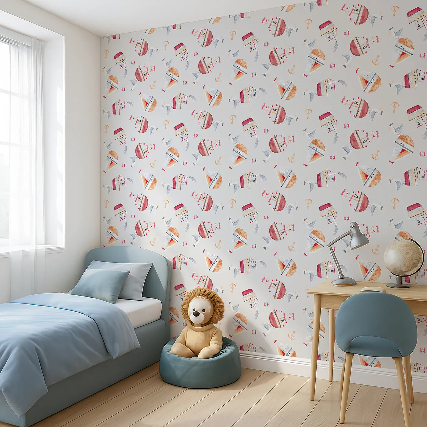 Angled view of Whimsy Tots' Whimsical Lighthouse Seagull Wallpaper (W2127).Where silly seagulls perch on floating lighthouses.