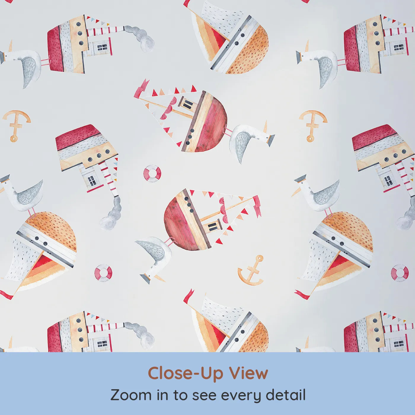 Close-up view of Whimsy Tots' Whimsical Lighthouse Seagull Wallpaper (W2127).Where silly seagulls perch on floating lighthouses.