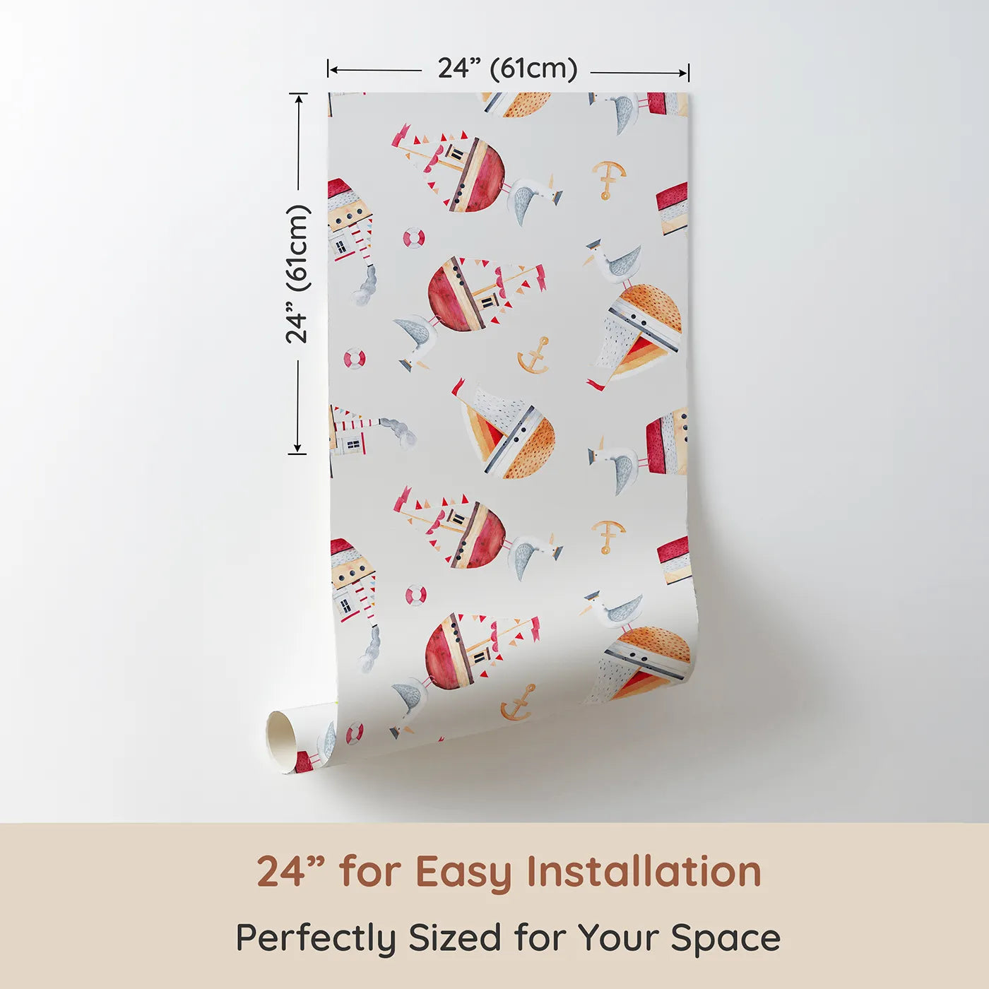 Dimension view of Whimsy Tots Whimsical Lighthouse Seagull Wallpaper (W2127). Printed in 24-inch-wide panel for easy installation. Where silly seagulls perch on floating lighthouses.