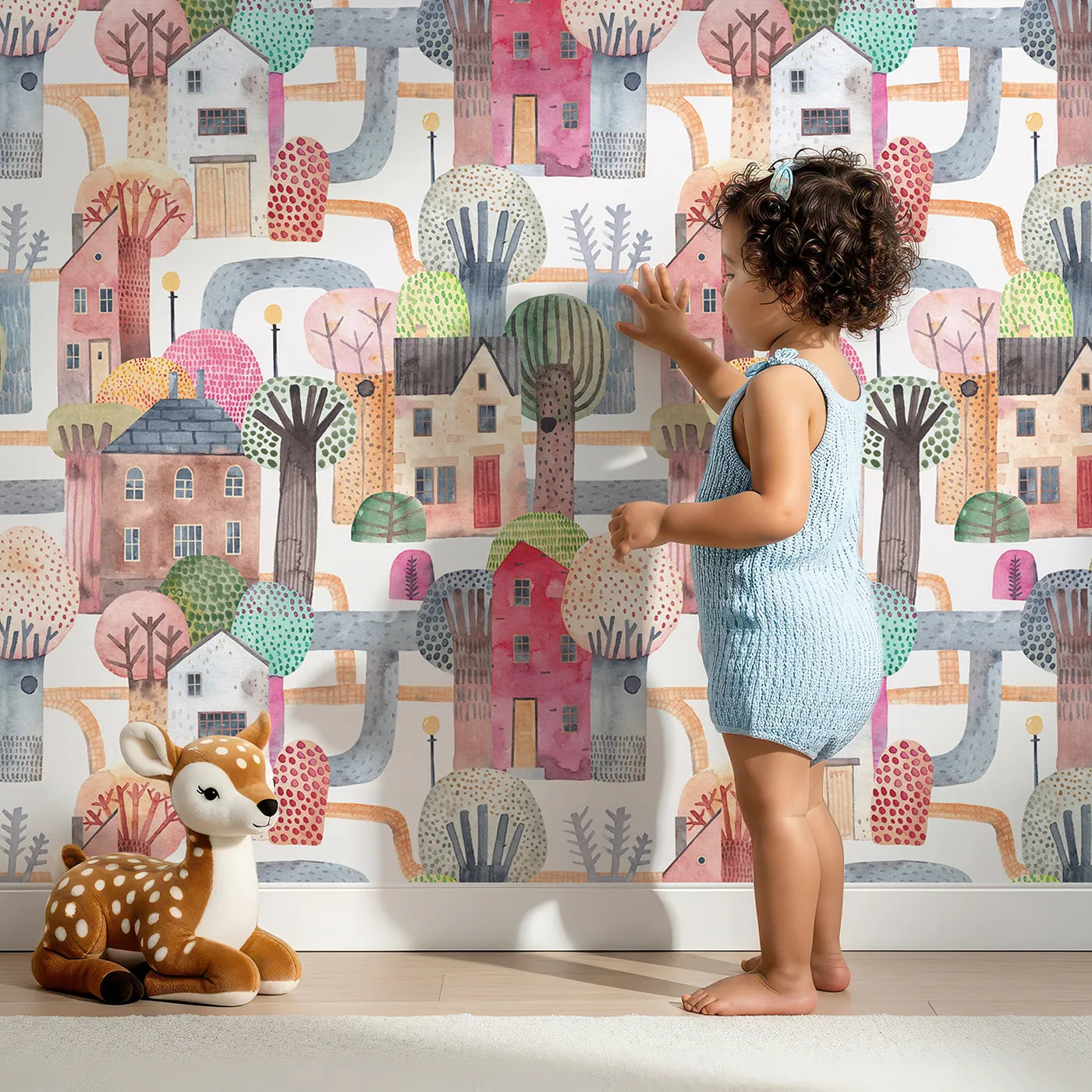 Lovely child standing in front of Whimsy Tots Watercolor Storybook Village Wallpaper with village, house, city, watercolor, artistic in design.