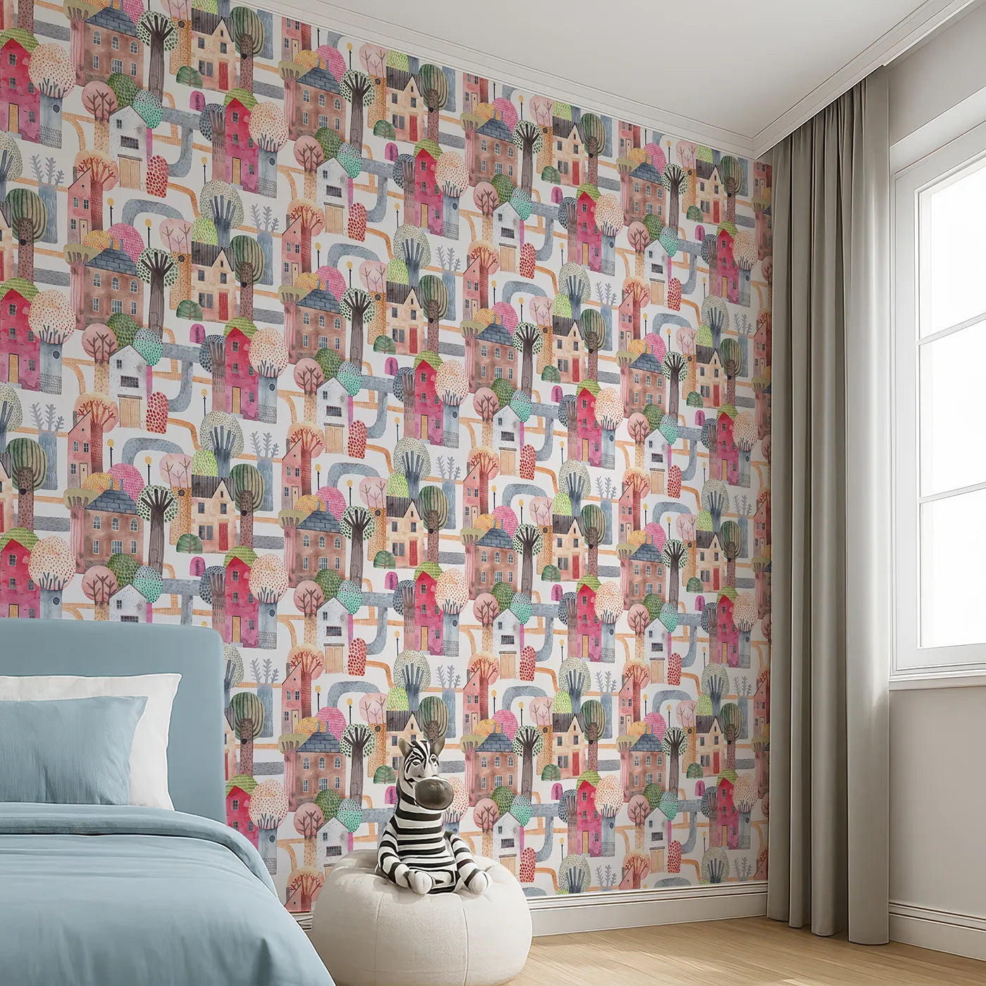 Angled view of Whimsy Tots' Watercolor Storybook Village Wallpaper (W2128).Where every colorful house has a story to tell.