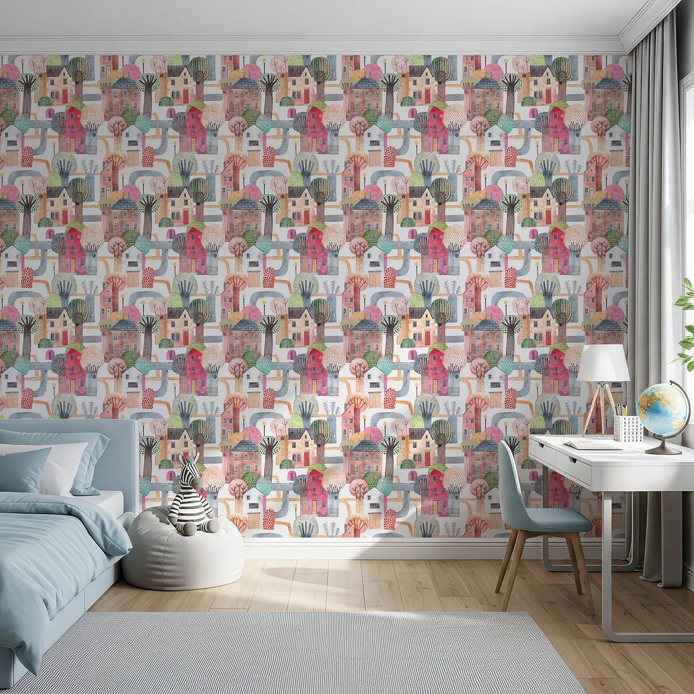 Front view of Whimsy Tots' Watercolor Storybook Village Wallpaper