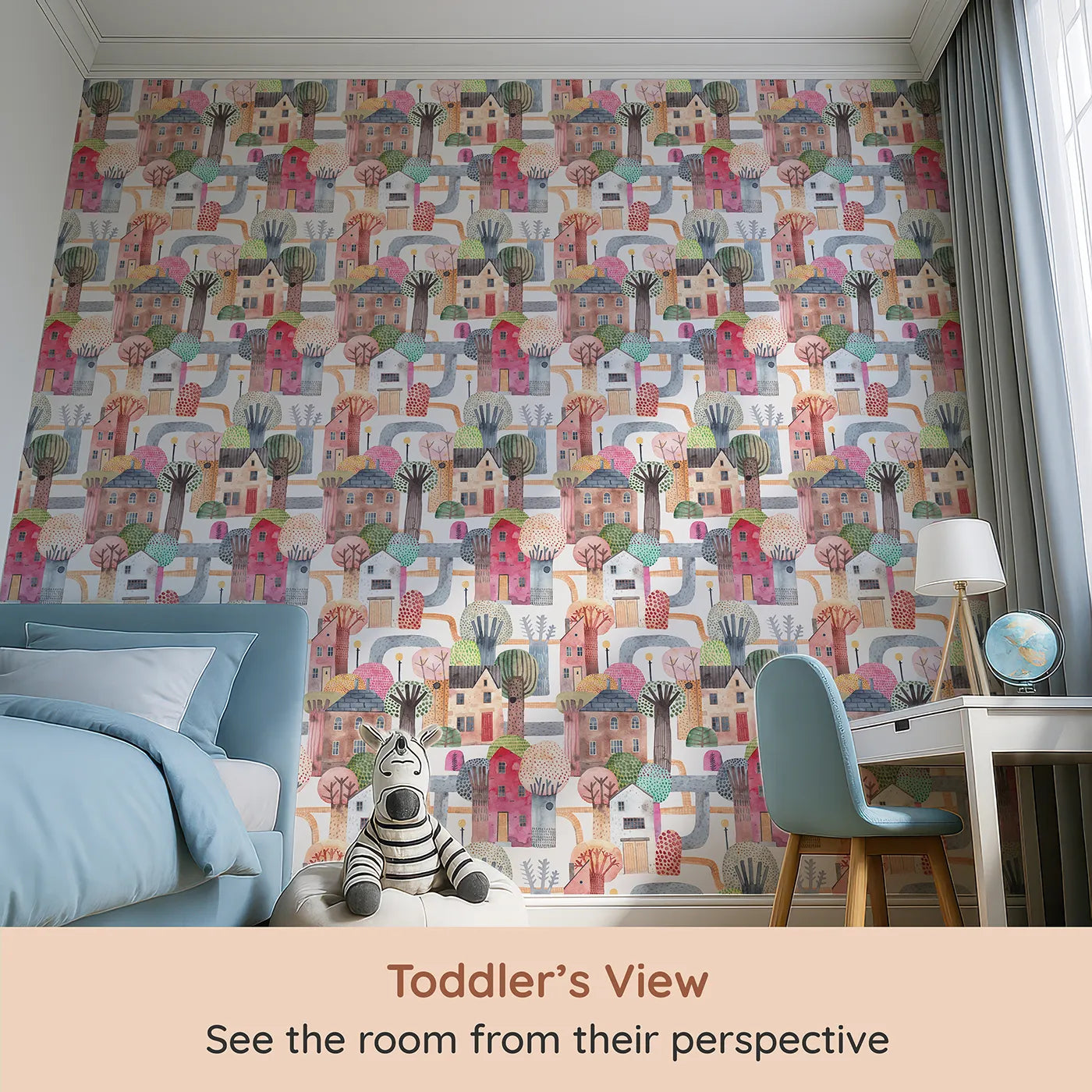 Whimsy Tots Watercolor Storybook Village Wallpaper (W2128) from your child's view.Where every colorful house has a story to tell.
