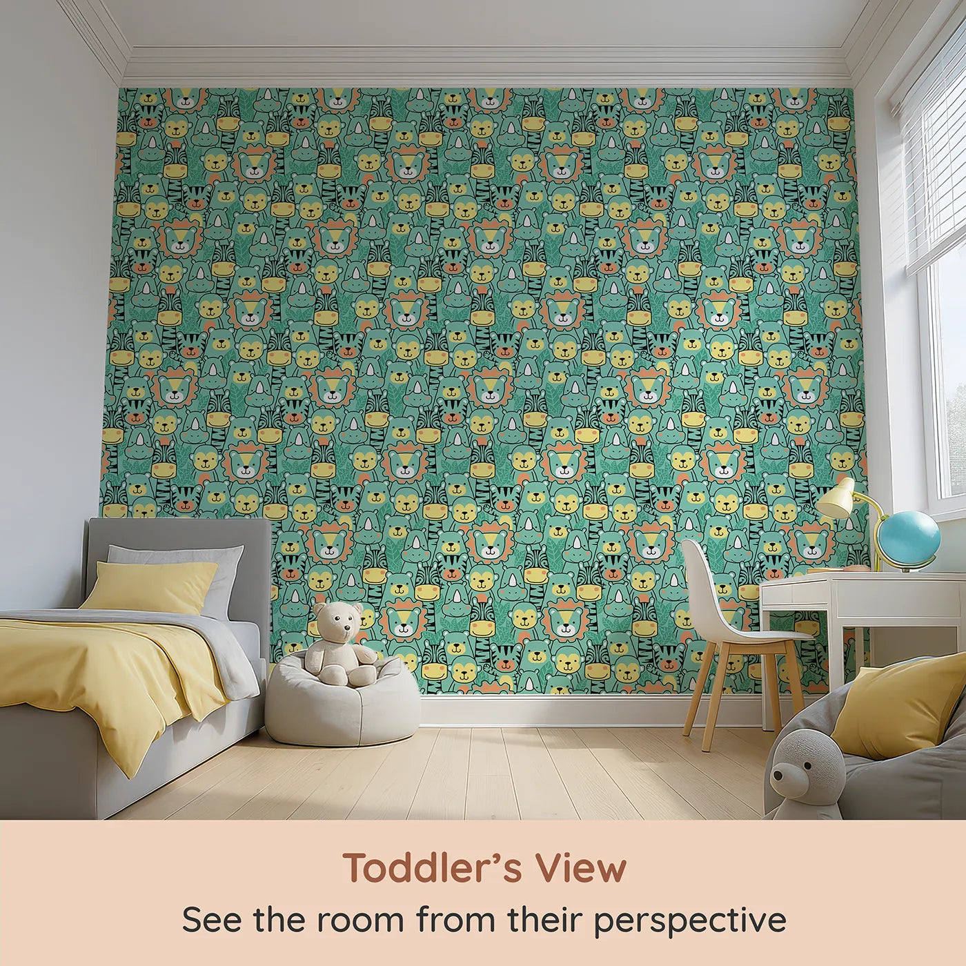 Whimsy Tots Jungle Friends Portrait Wallpaper (W2129) from your child's view.Where a crowd of friendly animal faces are smiling just for you.