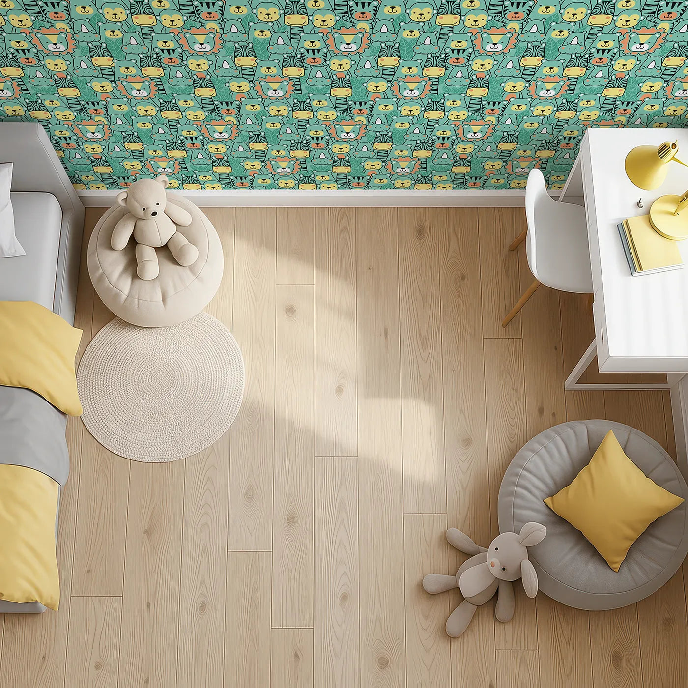 Top-Down view of Whimsy Tots' Jungle Friends Portrait Wallpaper (W2129).Where a crowd of friendly animal faces are smiling just for you.