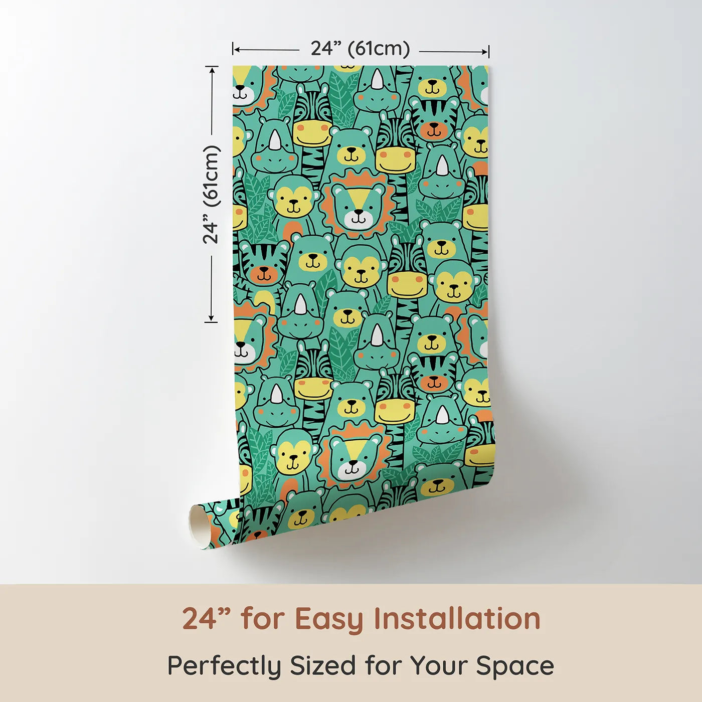 Dimension view of Whimsy Tots Jungle Friends Portrait Wallpaper (W2129). Printed in 24-inch-wide panel for easy installation. Where a crowd of friendly animal faces are smiling just for you.