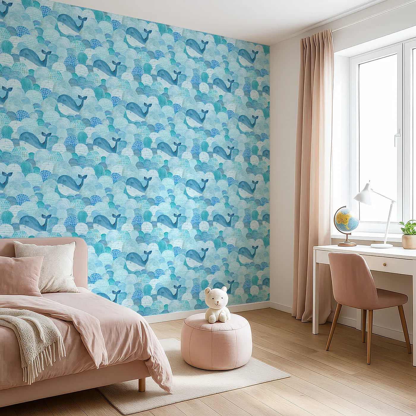 Angled view of Whimsy Tots' Abstract Watercolor Whales Wallpaper (W2130).Where gentle whales swim through a sea of painted waves.