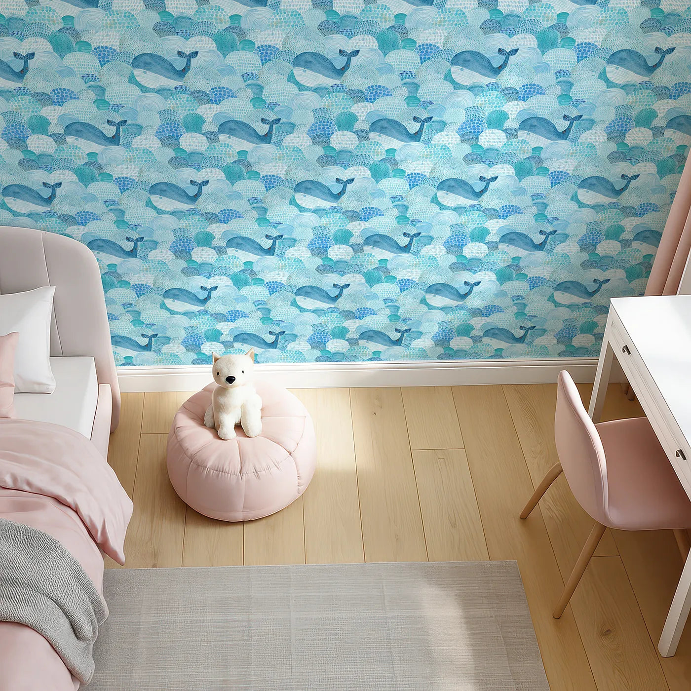 Top-Down view of Whimsy Tots' Abstract Watercolor Whales Wallpaper (W2130).Where gentle whales swim through a sea of painted waves.