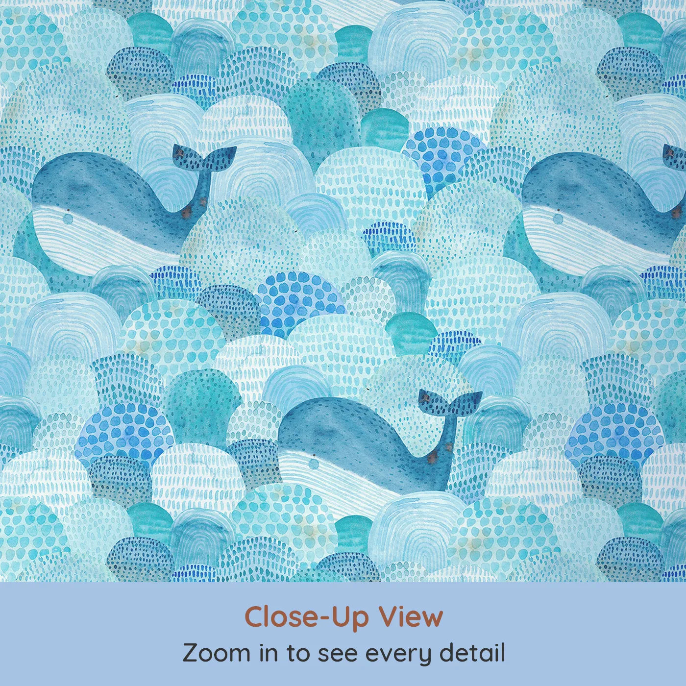Close-up view of Whimsy Tots' Abstract Watercolor Whales Wallpaper (W2130).Where gentle whales swim through a sea of painted waves.
