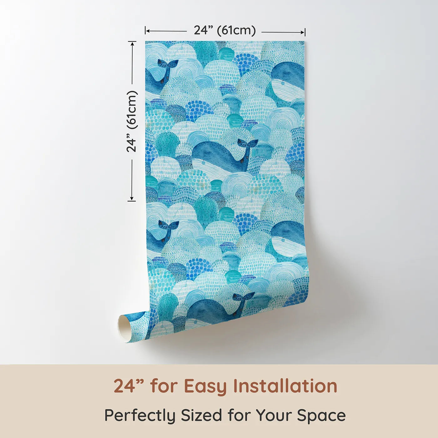 Dimension view of Whimsy Tots Abstract Watercolor Whales Wallpaper (W2130). Printed in 24-inch-wide panel for easy installation. Where gentle whales swim through a sea of painted waves.