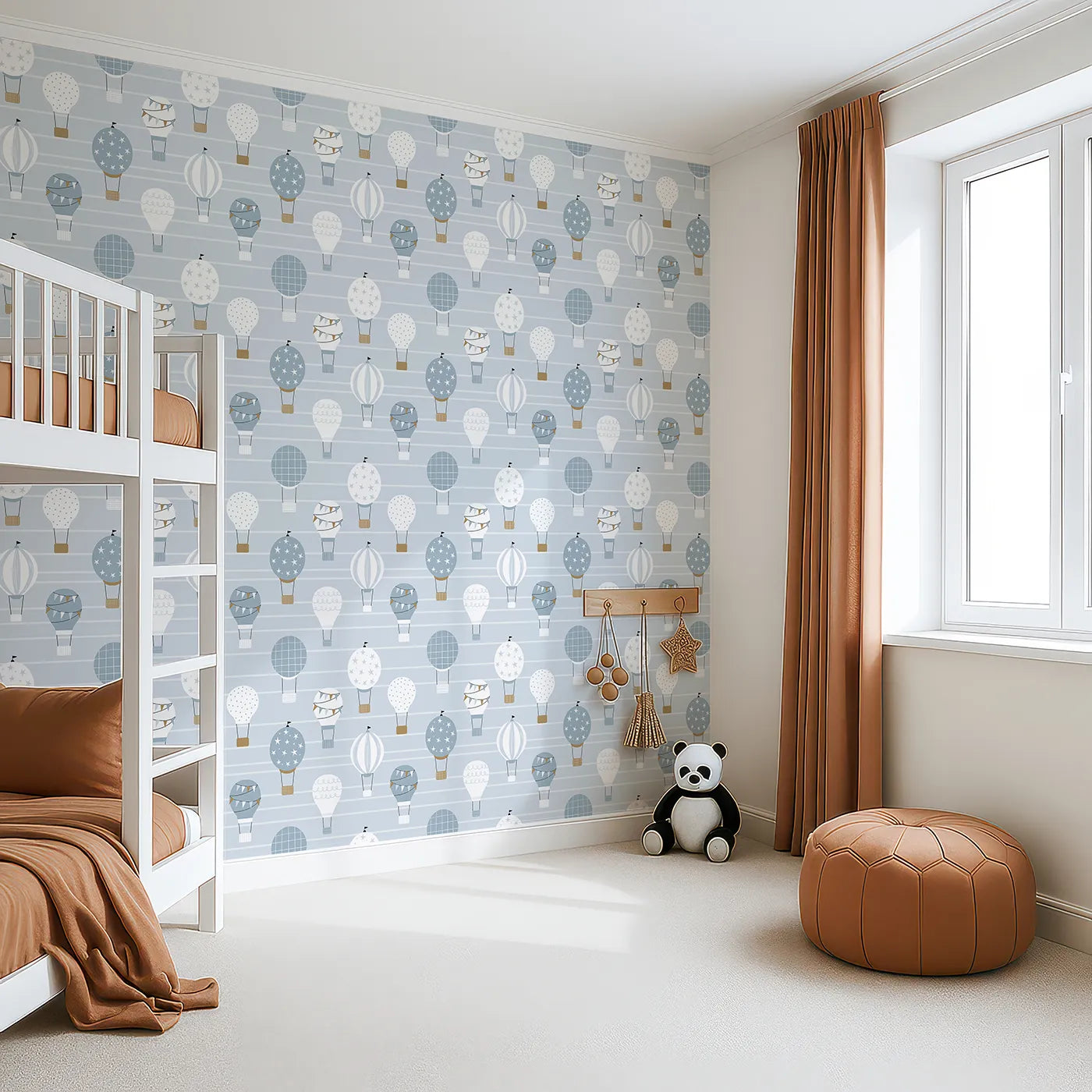 Angled view of Whimsy Tots' Striped Sky Balloon Ride Wallpaper (W2131).Where patterned balloons float on a calm, striped sky.