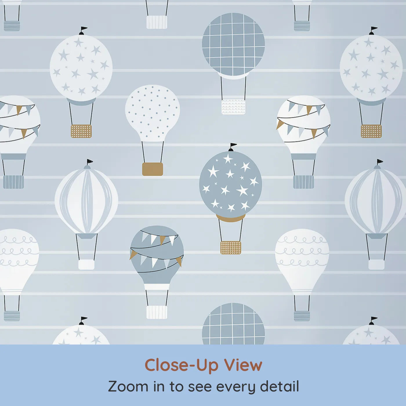 Close-up view of Whimsy Tots' Striped Sky Balloon Ride Wallpaper (W2131).Where patterned balloons float on a calm, striped sky.