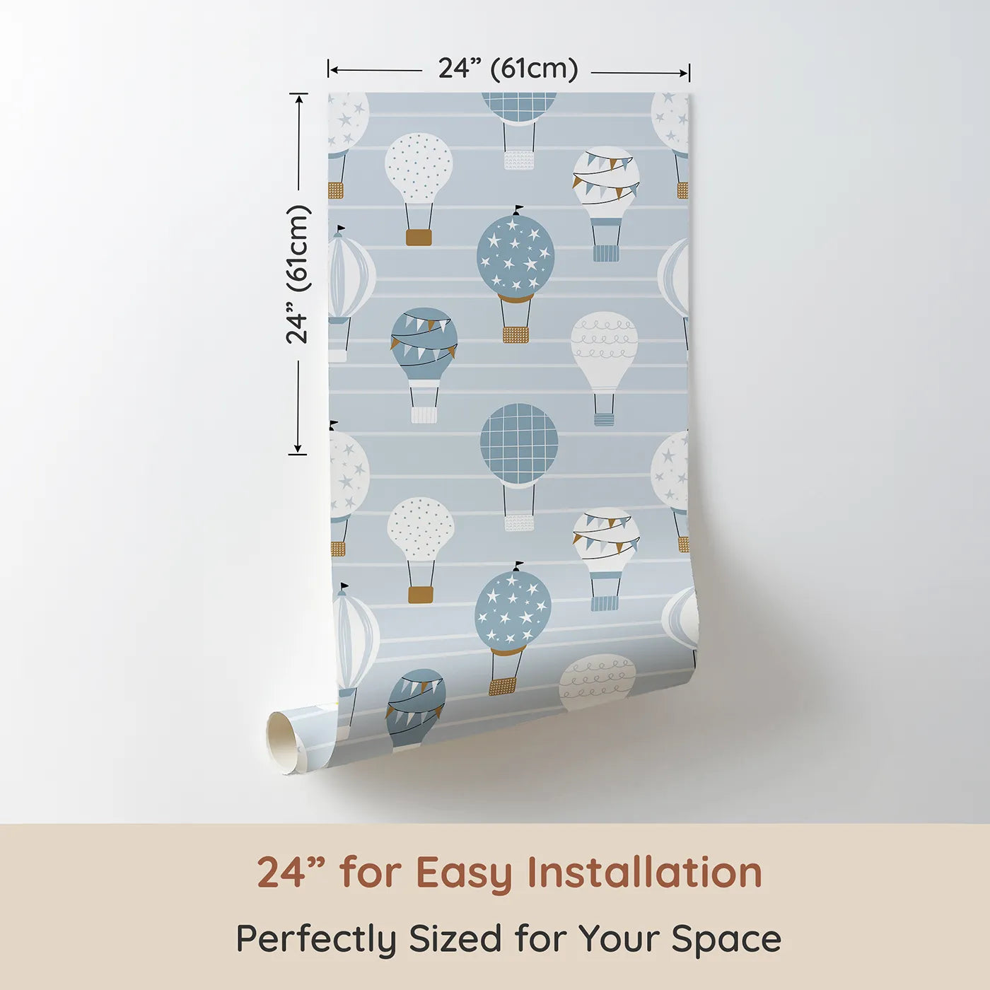 Dimension view of Whimsy Tots Striped Sky Balloon Ride Wallpaper (W2131). Printed in 24-inch-wide panel for easy installation. Where patterned balloons float on a calm, striped sky.