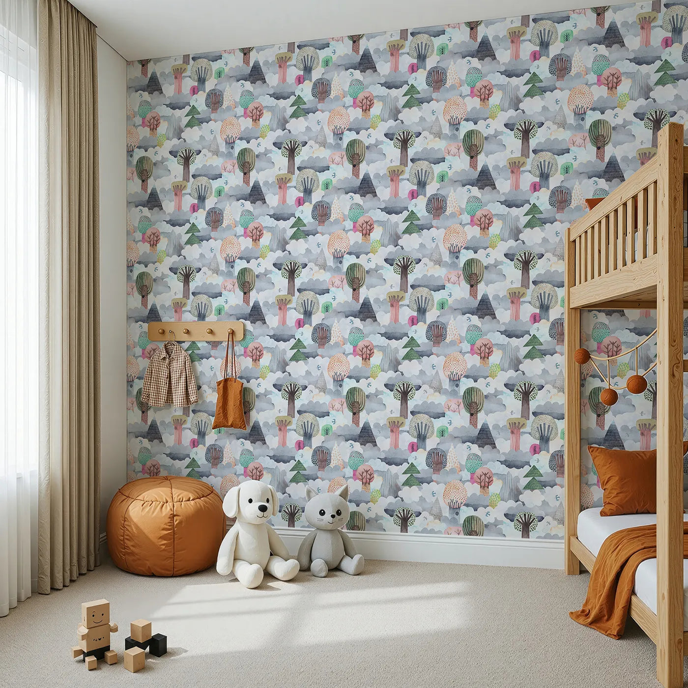 Angled view of Whimsy Tots' Cloudy Forest Dreamscape Wallpaper (W2132).Where whimsical trees rise up through a sea of soft clouds.