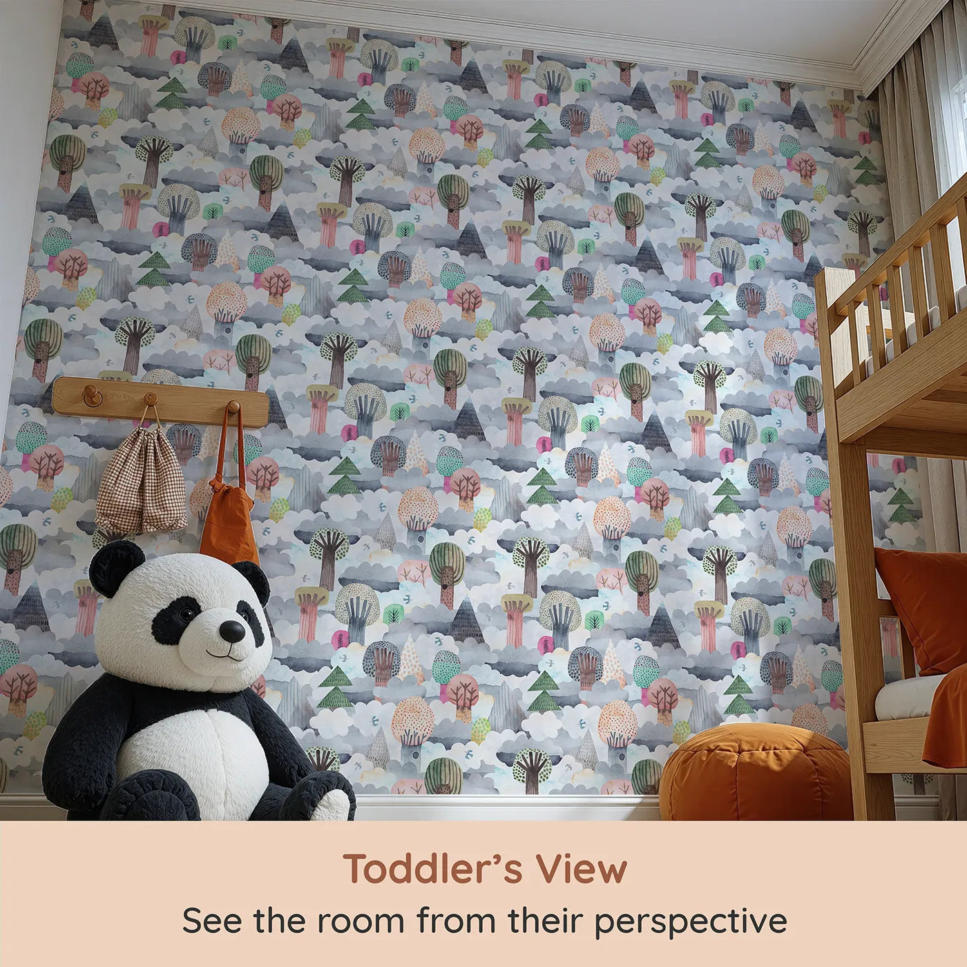 Whimsy Tots Cloudy Forest Dreamscape Wallpaper (W2132) from your child's view.Where whimsical trees rise up through a sea of soft clouds.