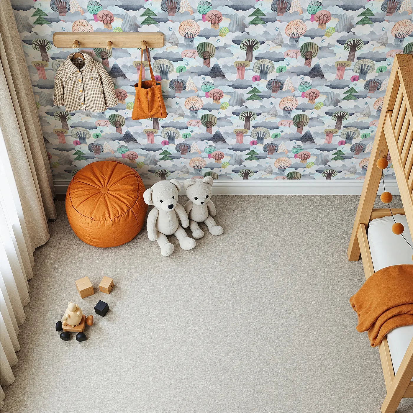 Top-Down view of Whimsy Tots' Cloudy Forest Dreamscape Wallpaper (W2132).Where whimsical trees rise up through a sea of soft clouds.