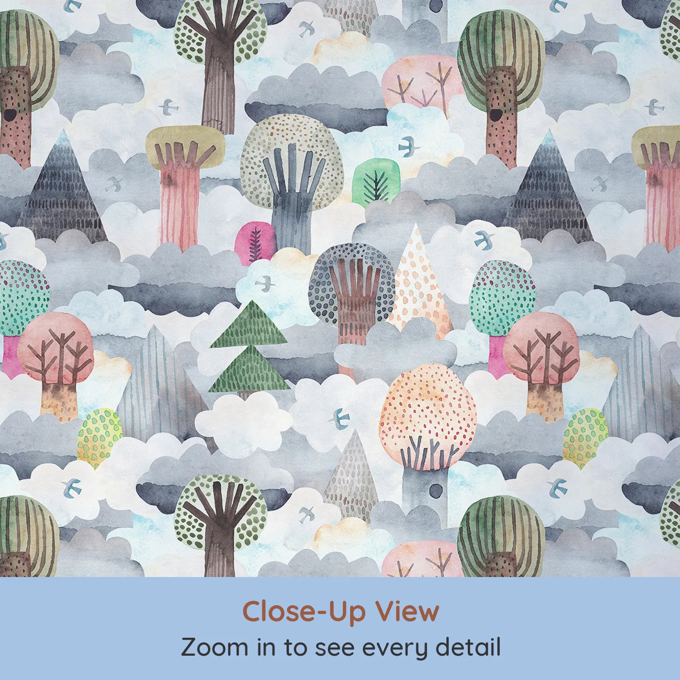 Close-up view of Whimsy Tots' Cloudy Forest Dreamscape Wallpaper (W2132).Where whimsical trees rise up through a sea of soft clouds.