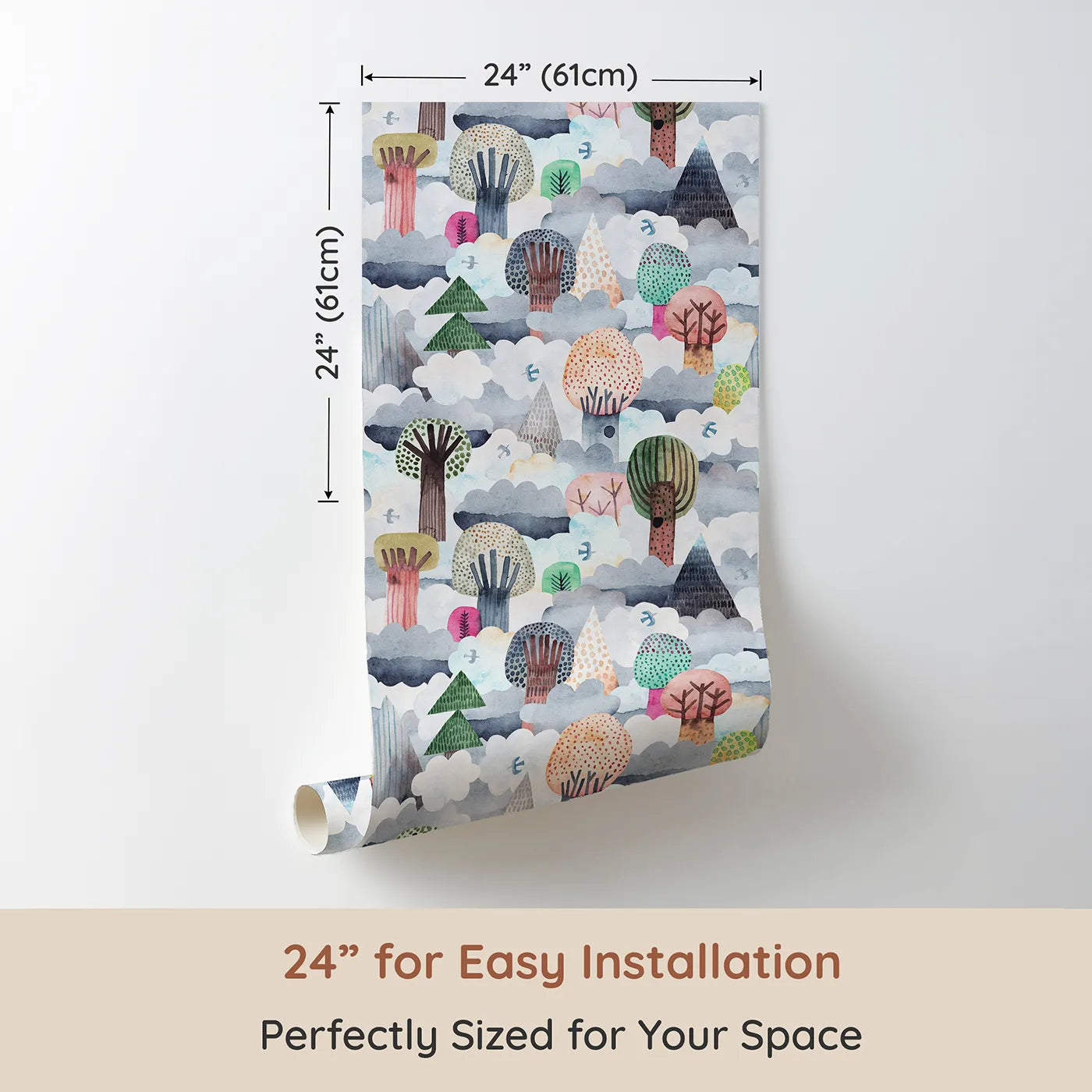 Dimension view of Whimsy Tots Cloudy Forest Dreamscape Wallpaper (W2132). Printed in 24-inch-wide panel for easy installation. Where whimsical trees rise up through a sea of soft clouds.