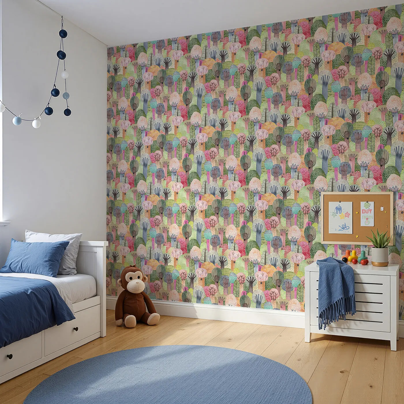 Angled view of Whimsy Tots' Vibrant Watercolor Forest Wallpaper (W2133).Where a dense, painted forest is bursting with life.