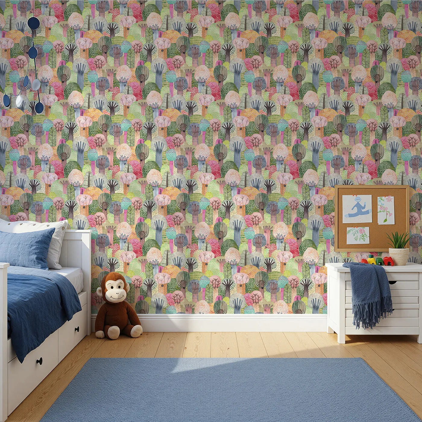 Front view of Whimsy Tots' Vibrant Watercolor Forest Wallpaper