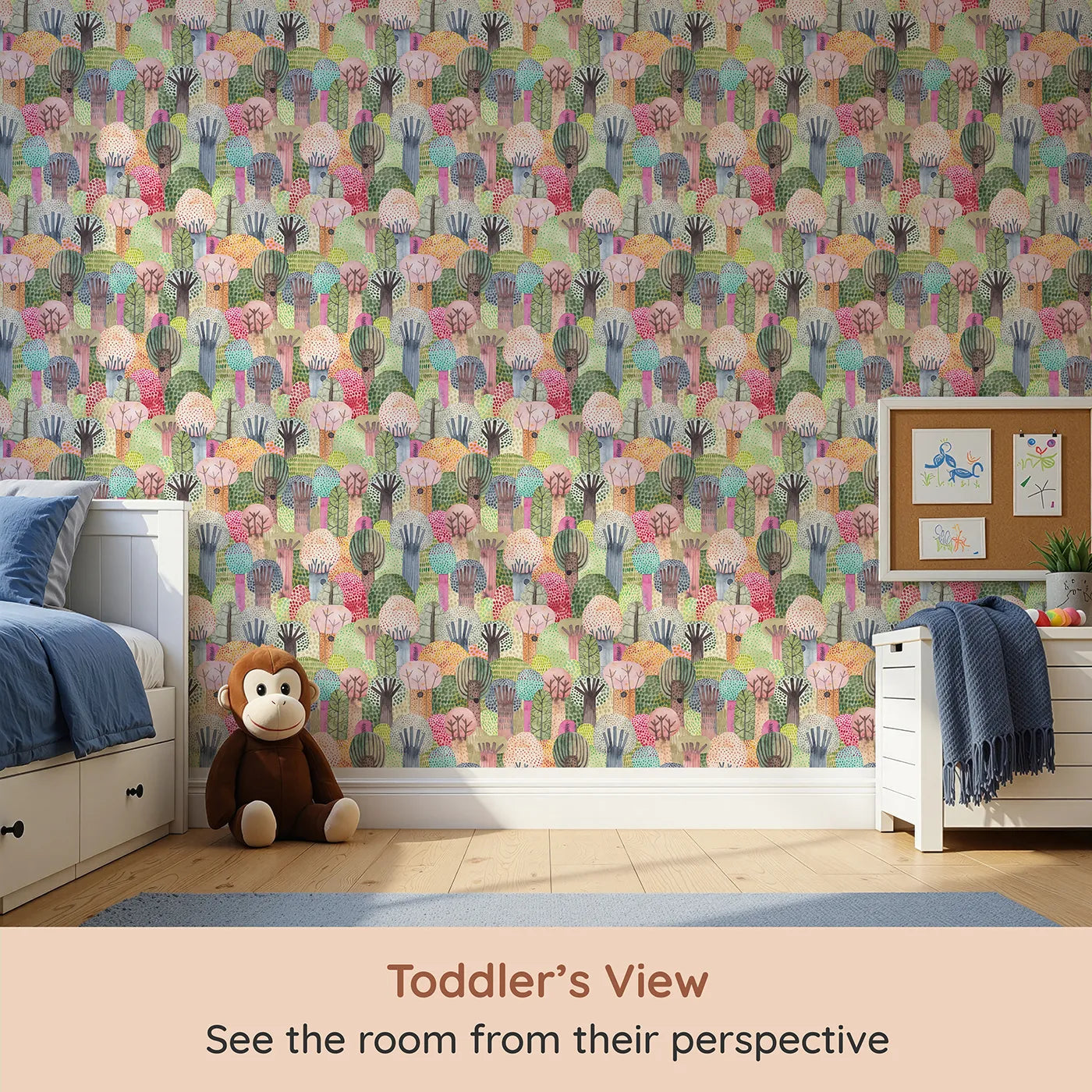 Whimsy Tots Vibrant Watercolor Forest Wallpaper (W2133) from your child's view.Where a dense, painted forest is bursting with life.
