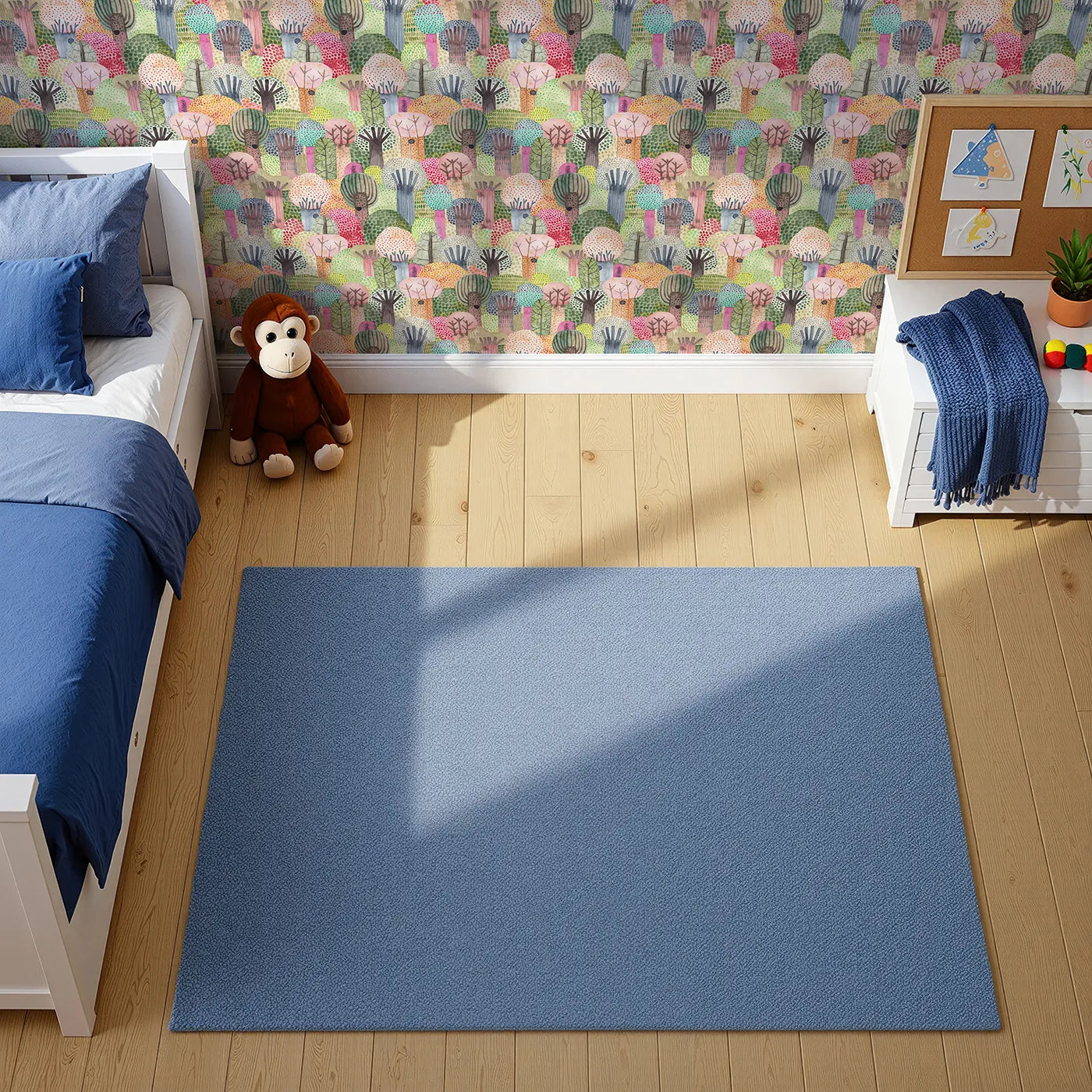 Top-Down view of Whimsy Tots' Vibrant Watercolor Forest Wallpaper (W2133).Where a dense, painted forest is bursting with life.