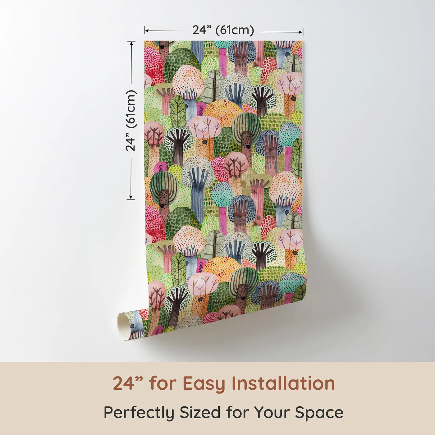 Dimension view of Whimsy Tots Vibrant Watercolor Forest Wallpaper (W2133). Printed in 24-inch-wide panel for easy installation. Where a dense, painted forest is bursting with life.