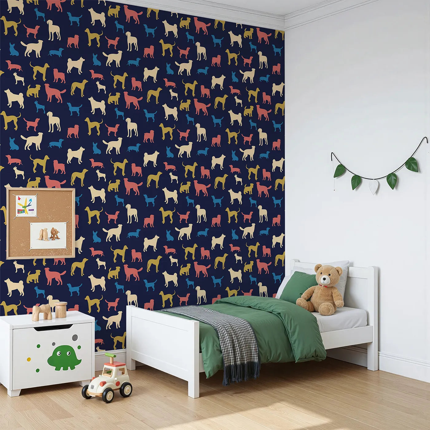 Angled view of Whimsy Tots' Colorful Dog Silhouette Wallpaper (W2134).Where colorful dog silhouettes are ready for a romp.