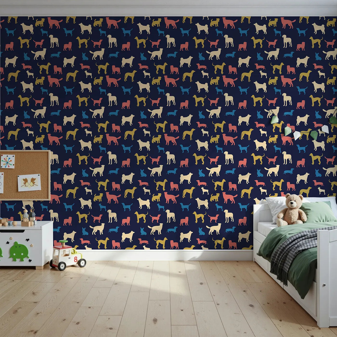 Front view of Whimsy Tots' Colorful Dog Silhouette Wallpaper