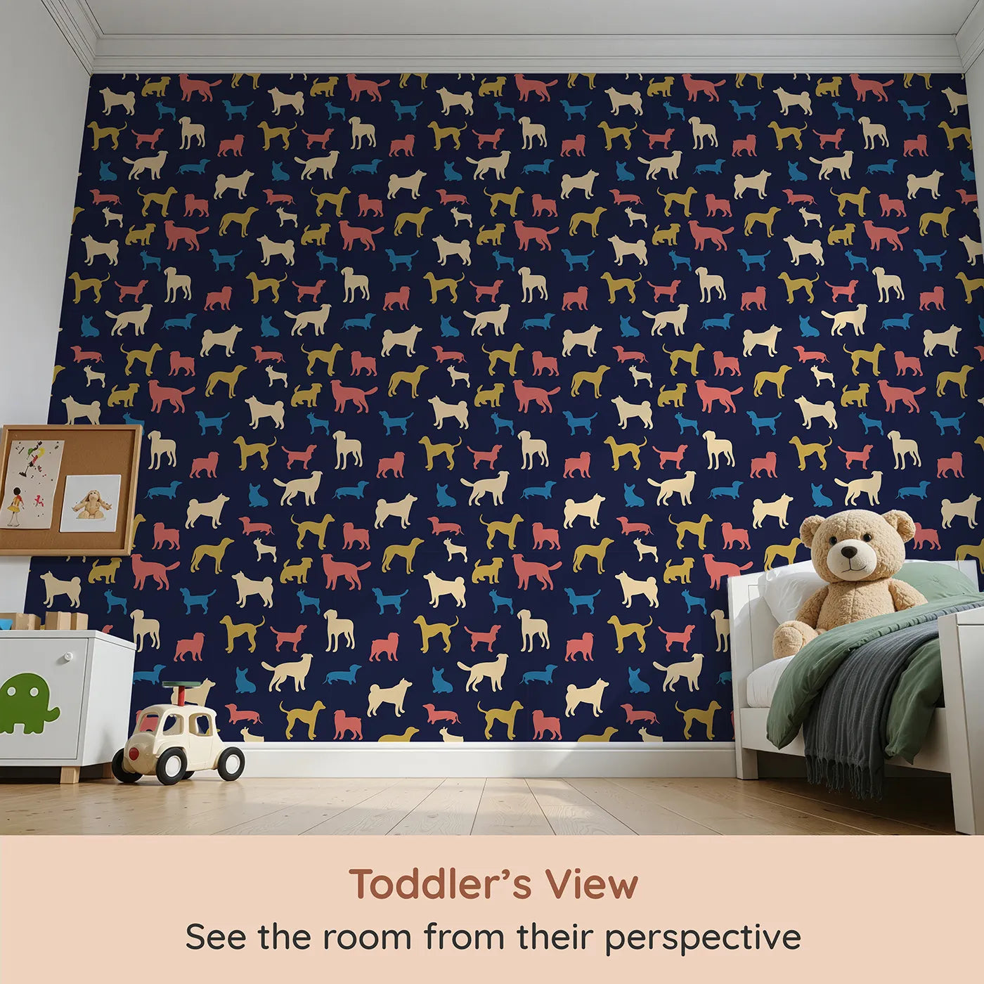 Whimsy Tots Colorful Dog Silhouette Wallpaper (W2134) from your child's view.Where colorful dog silhouettes are ready for a romp.