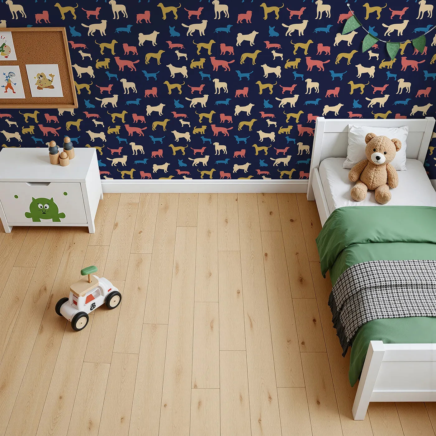 Top-Down view of Whimsy Tots' Colorful Dog Silhouette Wallpaper (W2134).Where colorful dog silhouettes are ready for a romp.
