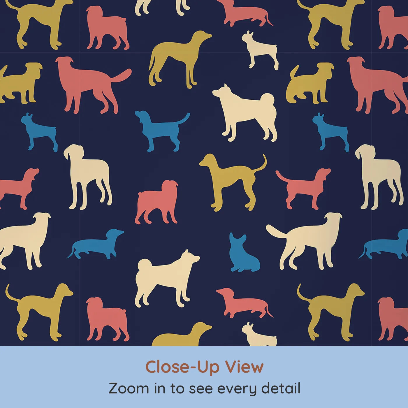Close-up view of Whimsy Tots' Colorful Dog Silhouette Wallpaper (W2134).Where colorful dog silhouettes are ready for a romp.
