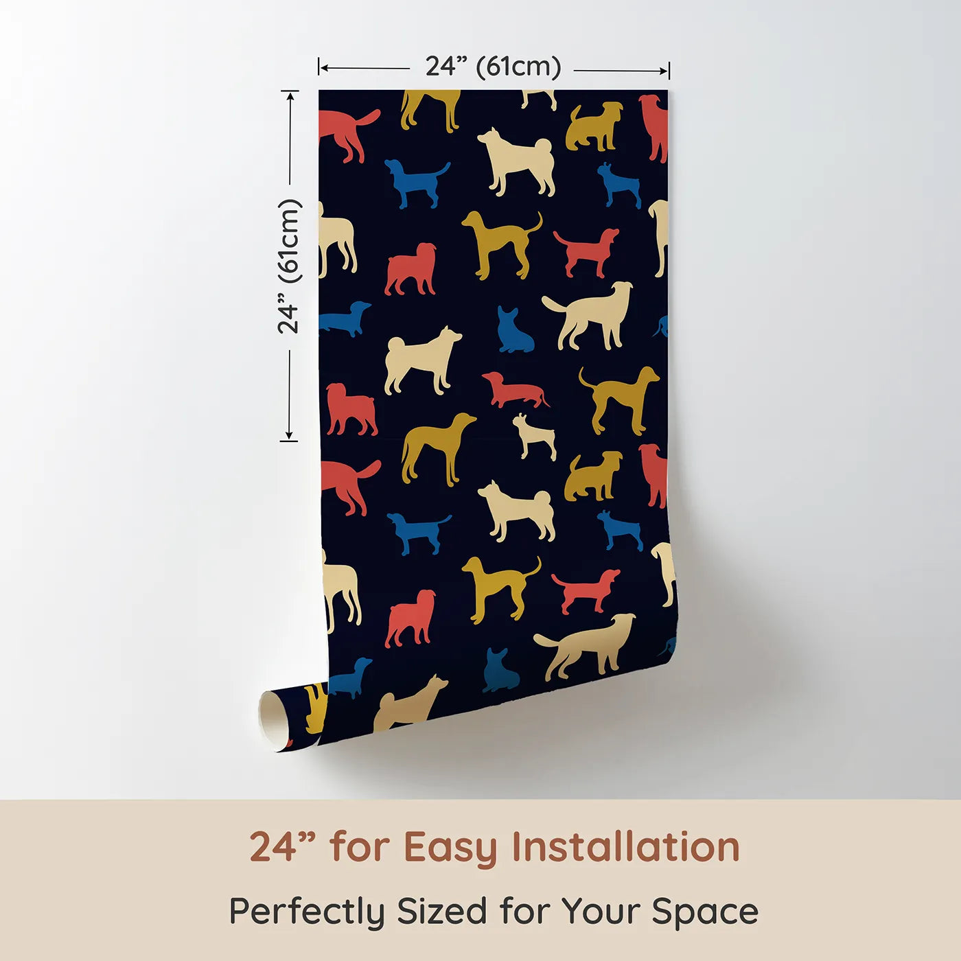 Dimension view of Whimsy Tots Colorful Dog Silhouette Wallpaper (W2134). Printed in 24-inch-wide panel for easy installation. Where colorful dog silhouettes are ready for a romp.