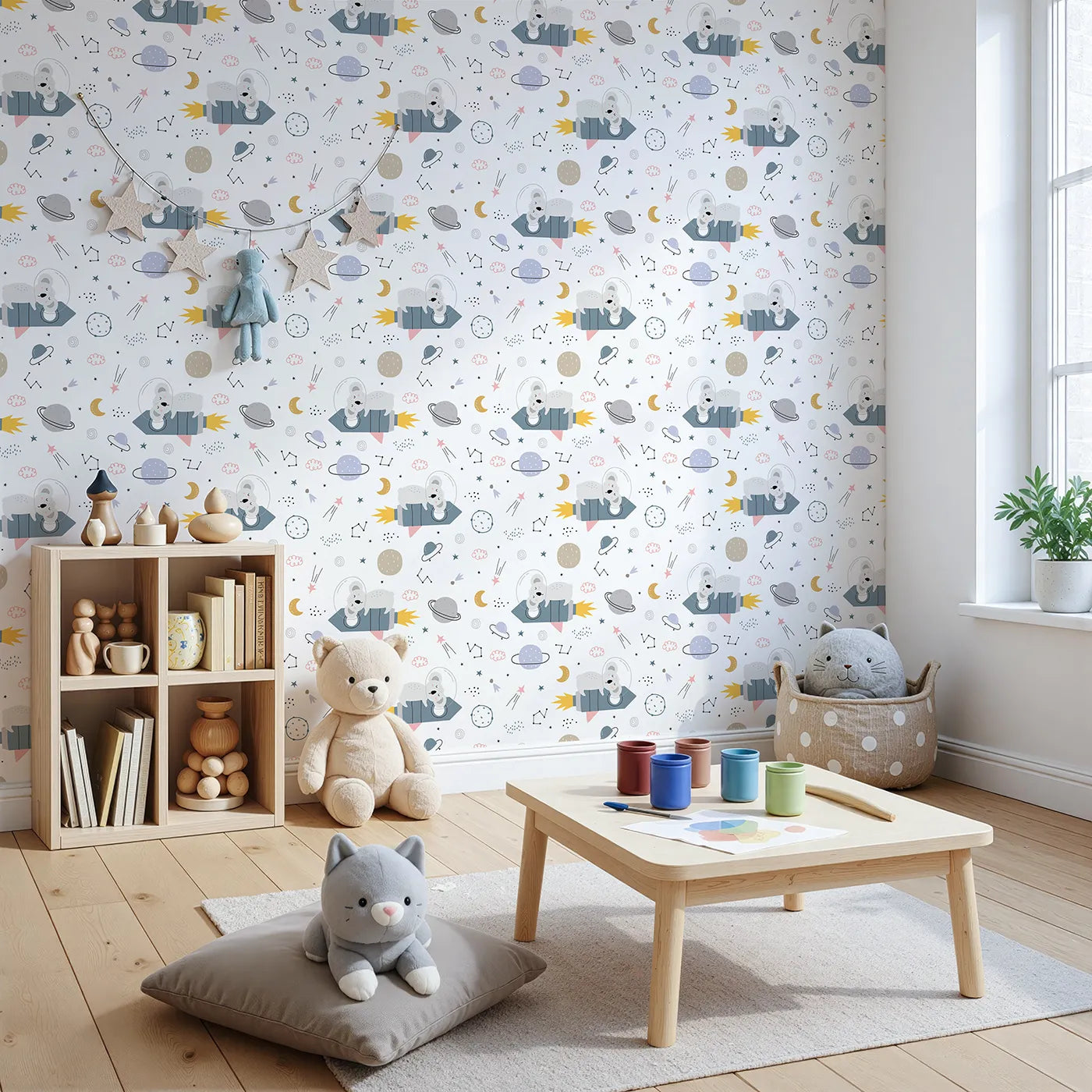 Angled view of Whimsy Tots' Koala Rocket Ride Wallpaper (W2136).Where a sleepy koala blasts off for a nap among the stars.