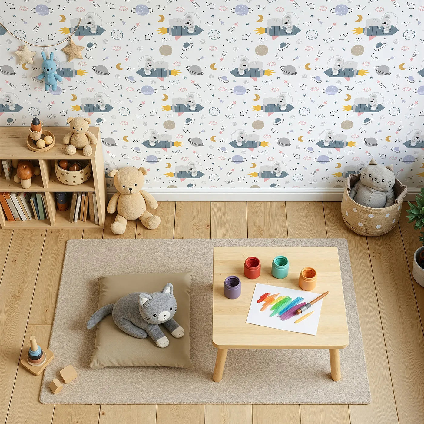 Top-Down view of Whimsy Tots' Koala Rocket Ride Wallpaper (W2136).Where a sleepy koala blasts off for a nap among the stars.