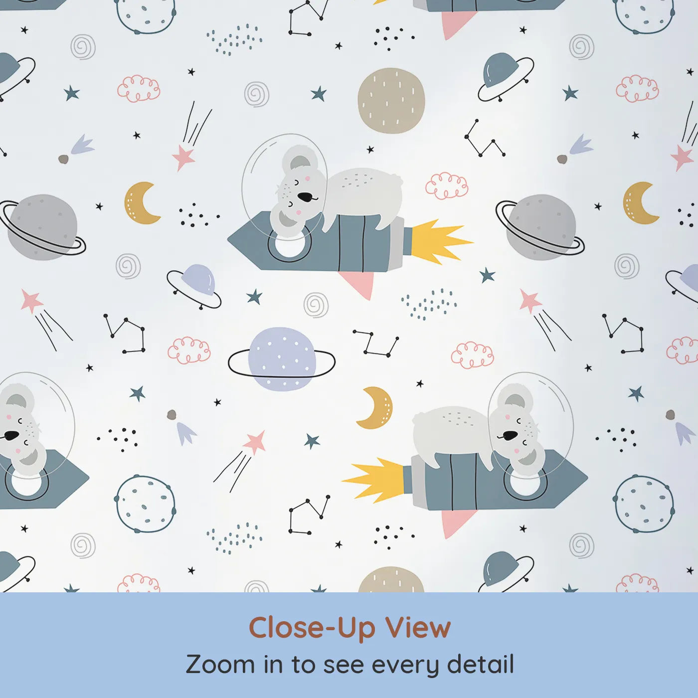 Close-up view of Whimsy Tots' Koala Rocket Ride Wallpaper (W2136).Where a sleepy koala blasts off for a nap among the stars.