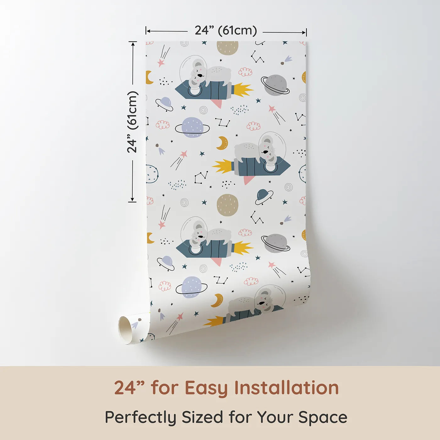 Dimension view of Whimsy Tots Koala Rocket Ride Wallpaper (W2136). Printed in 24-inch-wide panel for easy installation. Where a sleepy koala blasts off for a nap among the stars.