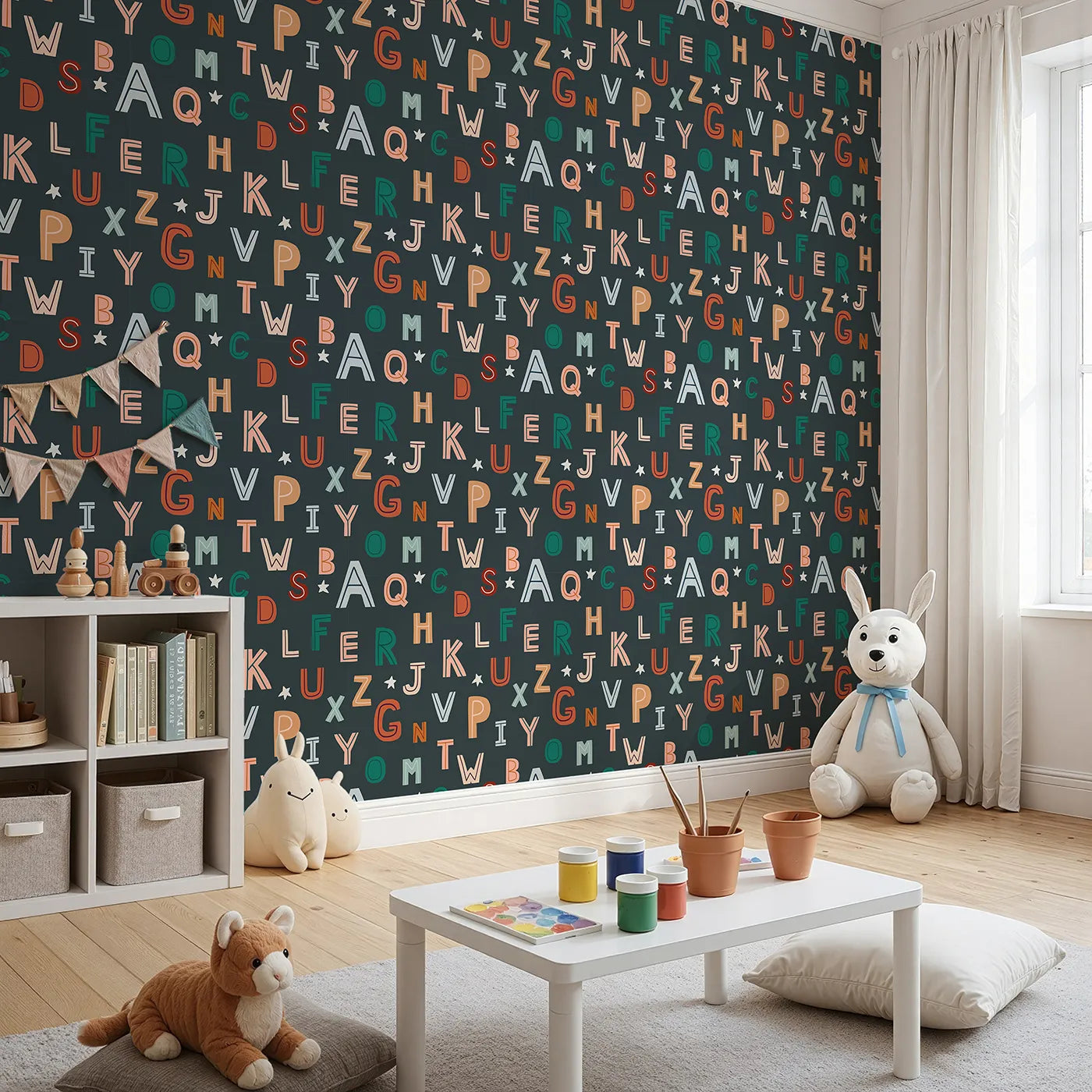 Angled view of Whimsy Tots' Boho Starry Alphabet Wallpaper (W2137).Where a universe of letters is waiting to be explored.